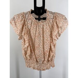 Blashe Floral Mesh Ruffle Flutter Sleeve Smocked Waist Blouse M